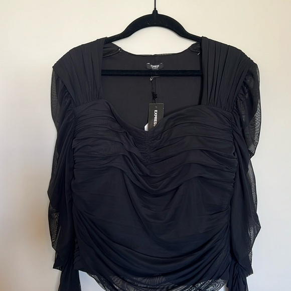 Express Black Sweetheart Neckline Ruched Shapewear Long Sheer Top Blouse NWT - Picture 2 of 5